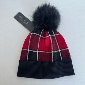 Rachel Zoe Plaid Knit Hat with Faux Fur Pom Pom One Size NWT